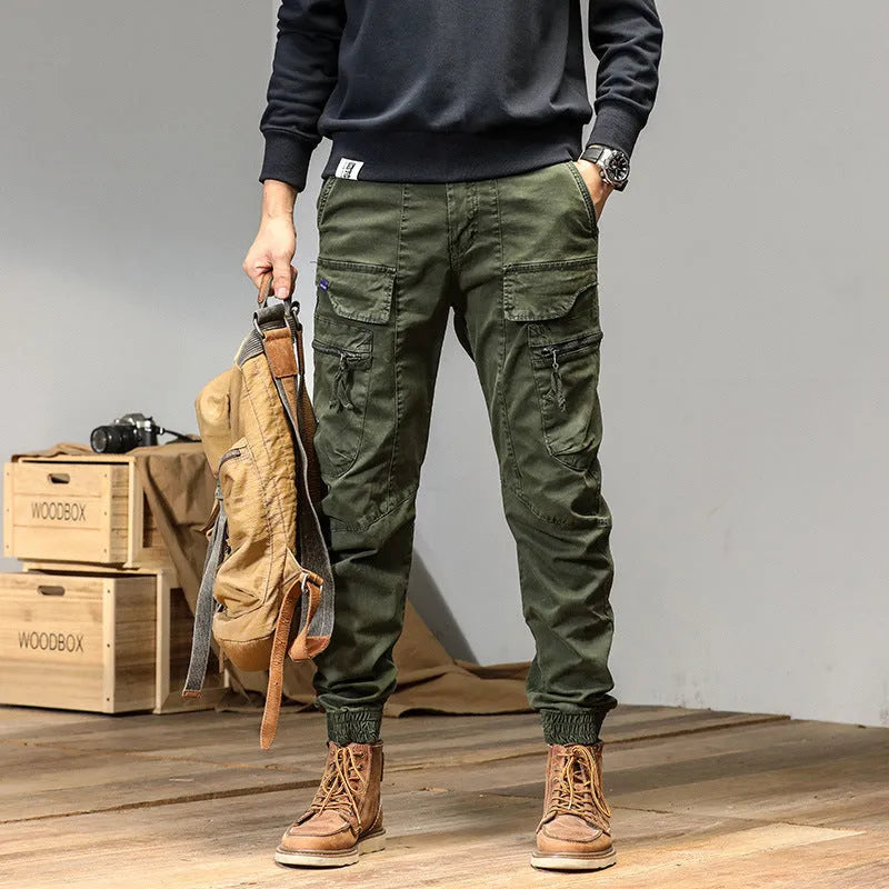 Cotton Japanese style overalls straight leg trousers for men in four colours black khaki army green gray sizes 29-38