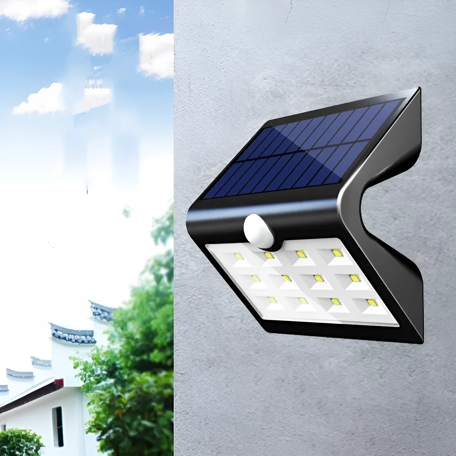 Compact white solar-powered outdoor wall light with motion sensor and LED panel.