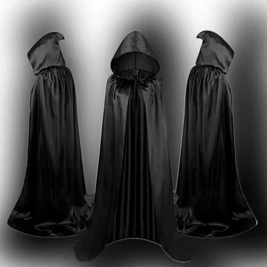 Black satin Halloween cloak with hood for costume parties