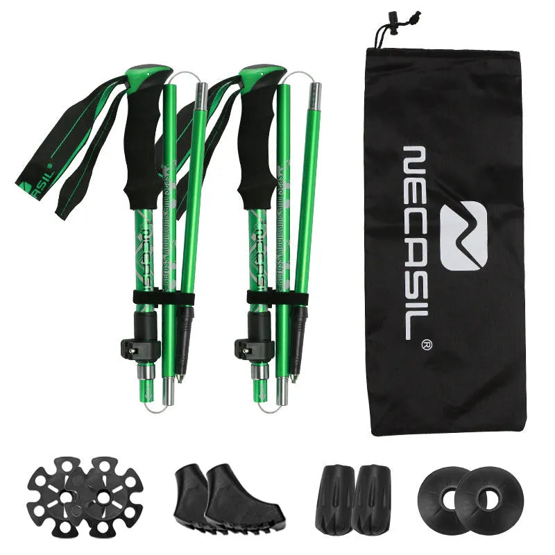 Aluminium alloy hiking cane with adjustable height, black colour, folded for storage