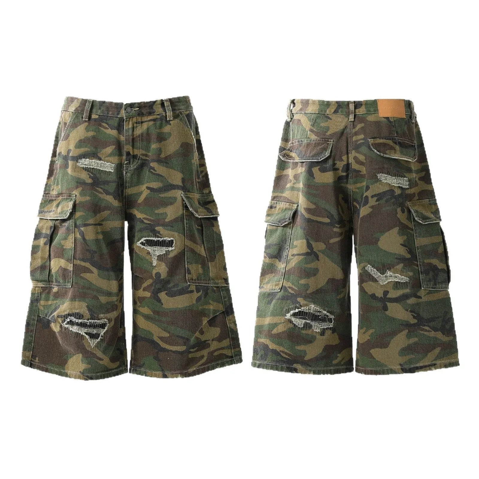 Men's straight-leg cropped trousers in a green and brown camouflage pattern, made from cotton denim.