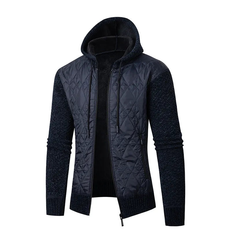 Men's grey corduroy hooded sweater coat with cinched waist and cardigan style front