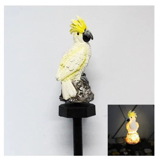 Hand-painted resin parrot solar light for garden lawn decoration, available in blue red yellow colours