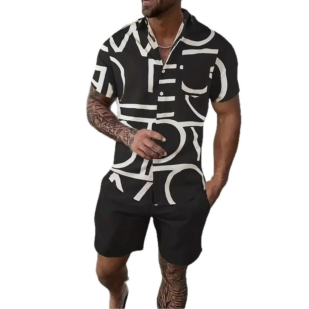Men's 3D printed Hawaiian style short sleeve shirt and shorts set in polyester fabric.