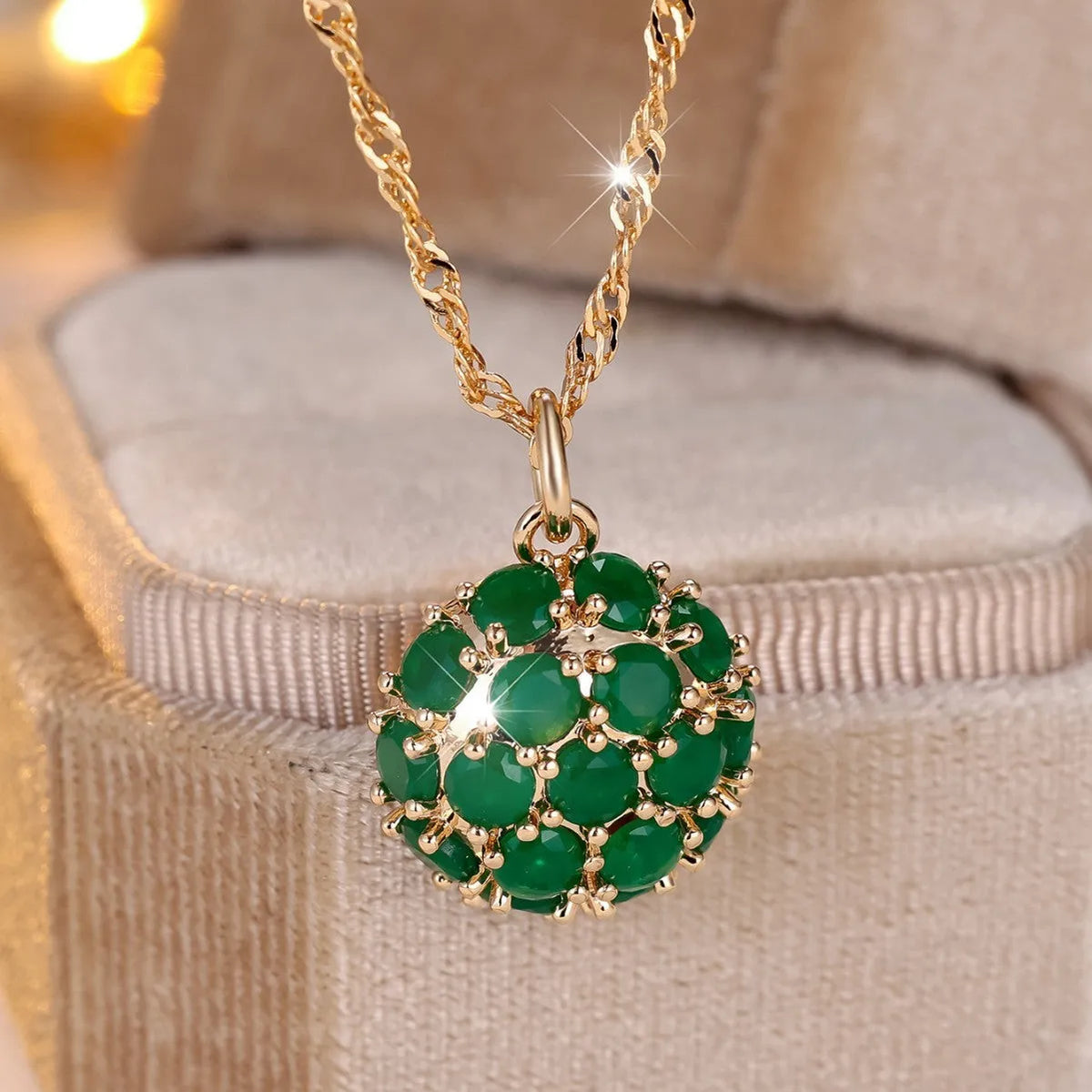 Round emerald full diamond pendant necklace on copper chain champagne gold colour geometric shape adjustable 51-60cm