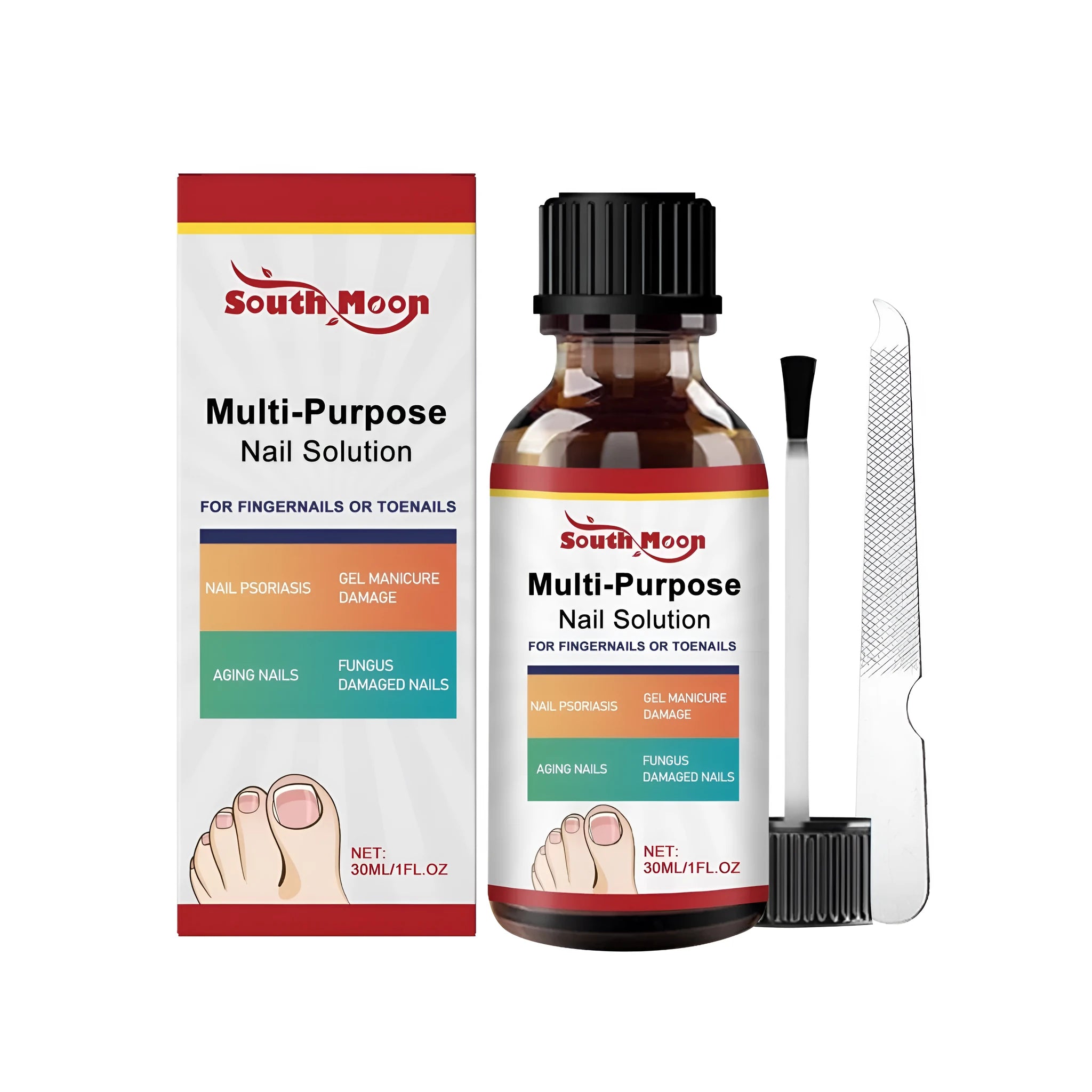 30ml bottle of nail care solution with tea tree oil and white willow bark alongside nail file