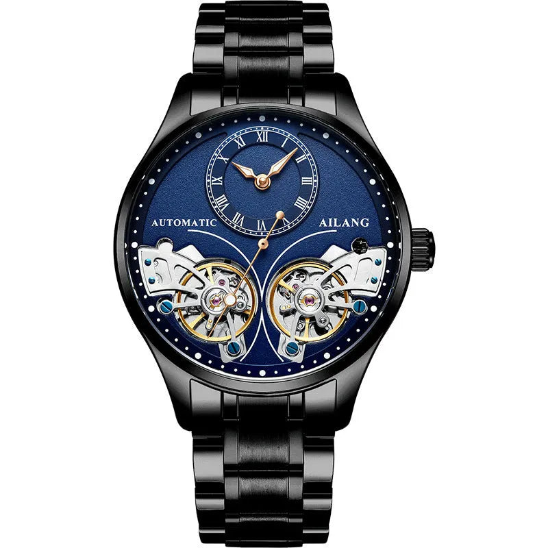 Automatic men's wristwatch with titanium case, round black dial showing tourbillon and moon phase.