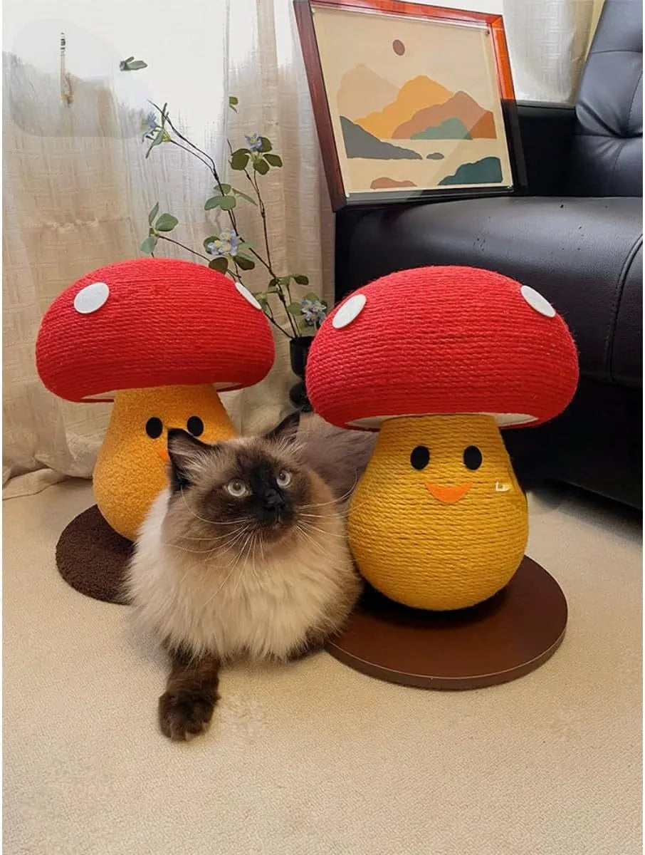 Mushroom-shaped grey corrugated cardboard cat scratcher lounge with accordion-folded sides