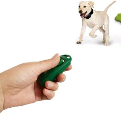 Plastic two-in-one pet ring and whistle dog training tool in black on white background