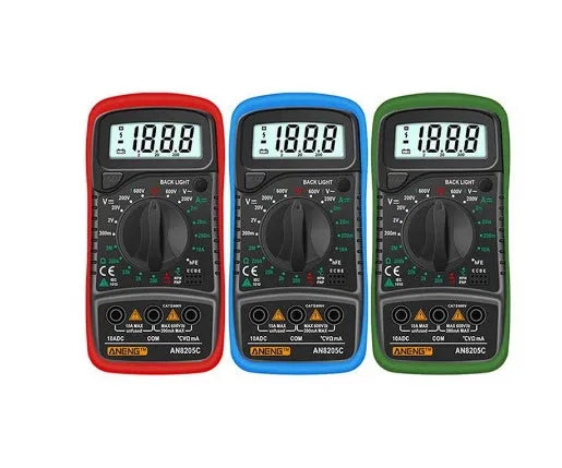 Yellow handheld digital multimeter with rotary dial and LCD display, CE certified