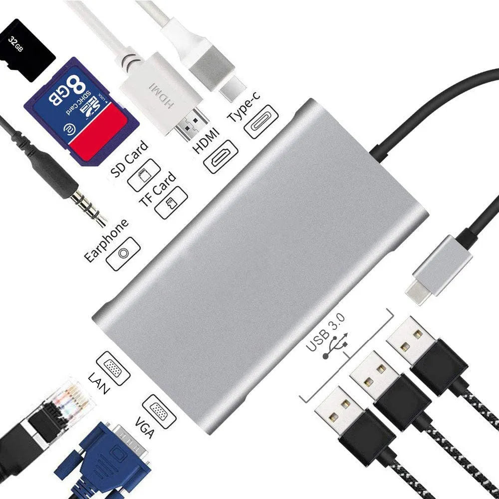 Grey 10-in-1 USB Type-C expansion dock with HDMI, VGA, Ethernet, USB 3.0 ports, and card readers