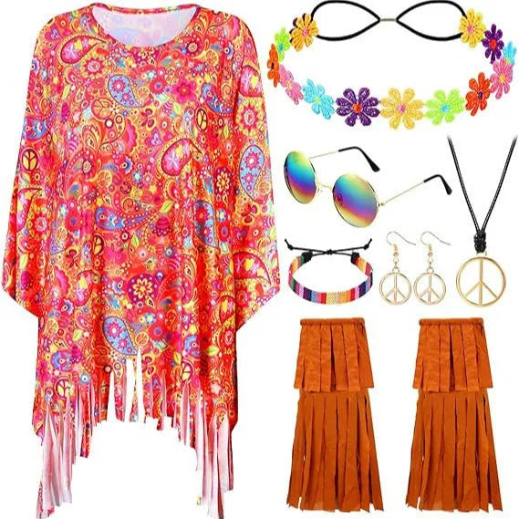 Tie dye patterned sleeveless cloak costume in rainbow colours for Halloween parties.