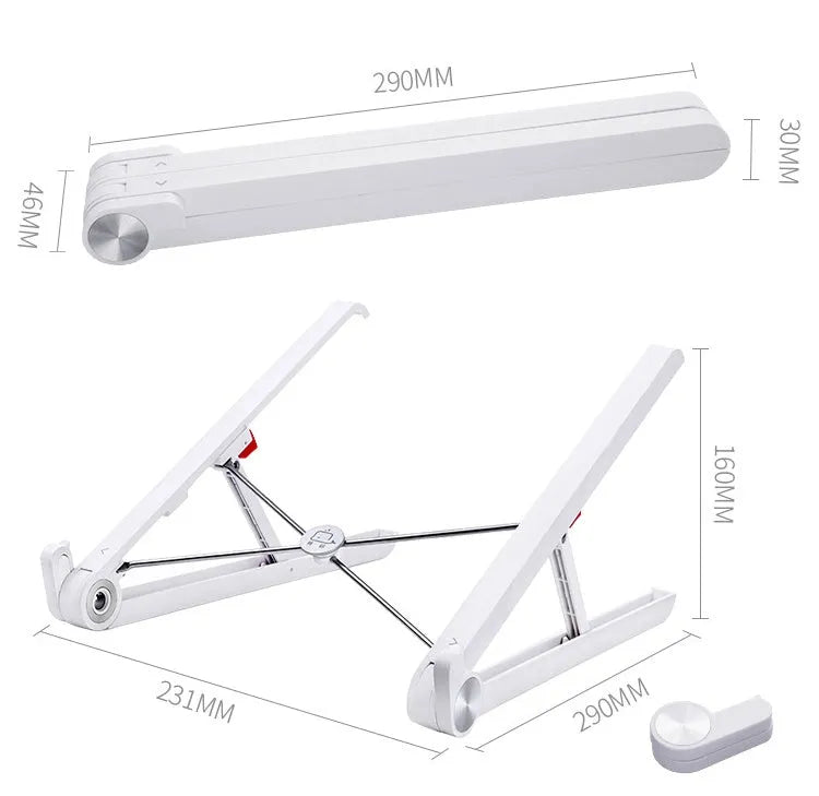 White foldable laptop stand on a desk, showing its elevated, angled position for ergonomic use.