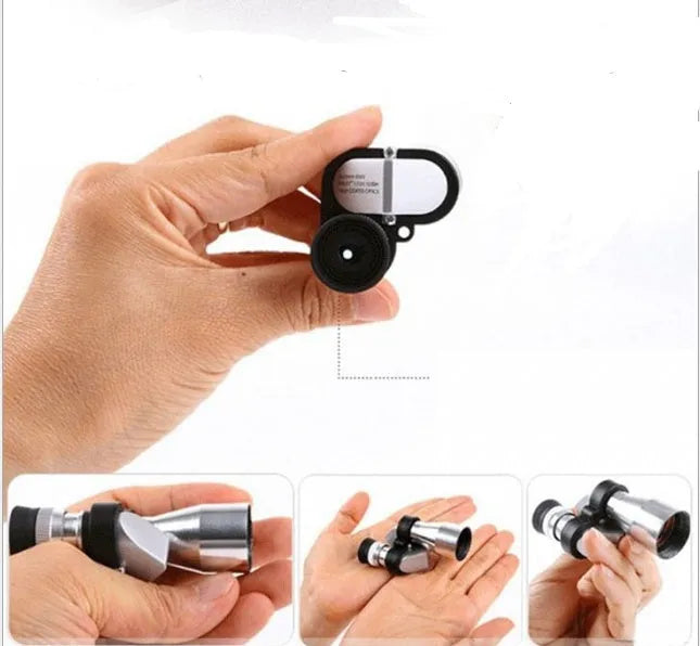 Compact aluminium alloy 8x20mm monocular telescope with foldable eyecup on a canvas bag.