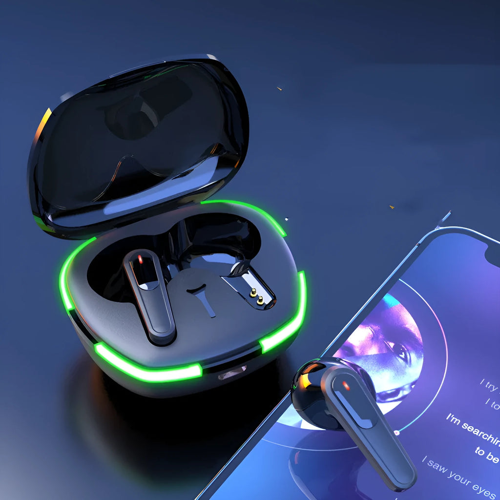 Black Pro60 Bluetooth half in-ear headphones and charging case on a matte surface.