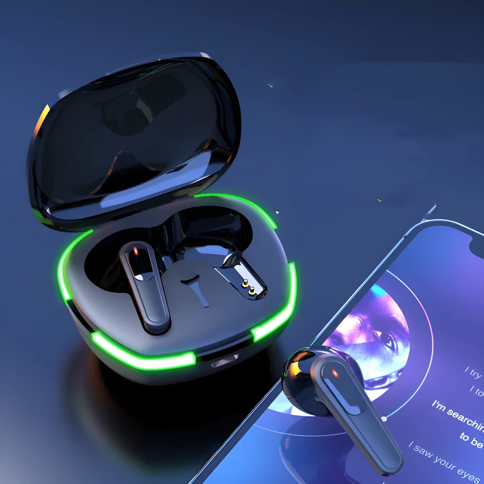 Black Pro60 Bluetooth half in-ear headphones and charging case on a matte surface.