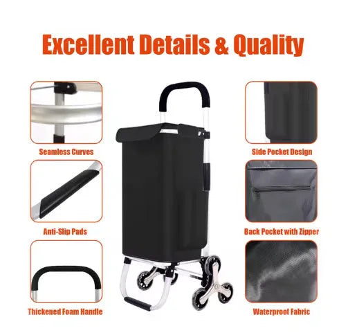 Foldable black shopping trolley bag with aluminium frame and 20cm caster wheels for shopping and camping