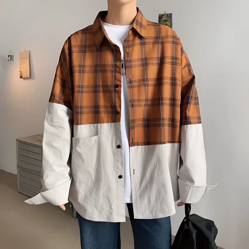 Autumn Japanese plaid stitching cotton shirt for men, green colour, long sleeves, square collar