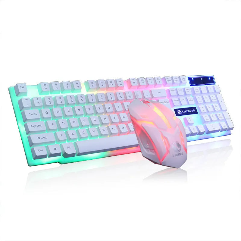 Limei GTX300 white gaming keyboard and mouse set with backlit keys on a desktop