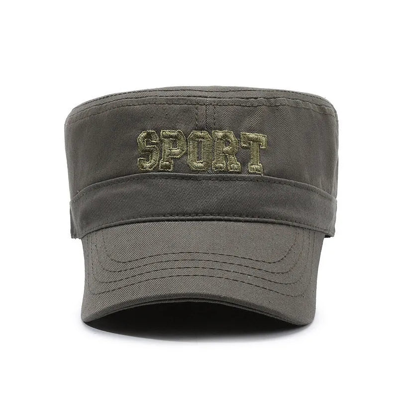 Men's flat-top peaked cap in cotton, shown in army green colour with an adjustable strap.