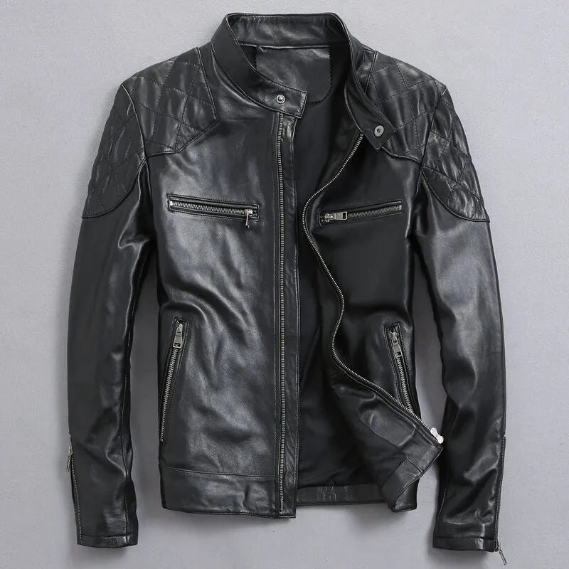 Men's distressed stand collar leather jacket in black with zipper placket and multi-pocket design