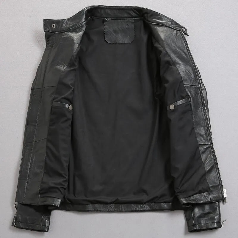 Men's distressed stand collar leather jacket in black with zipper placket and multi-pocket design