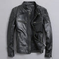 Men's distressed stand collar leather jacket in black with zipper placket and multi-pocket design