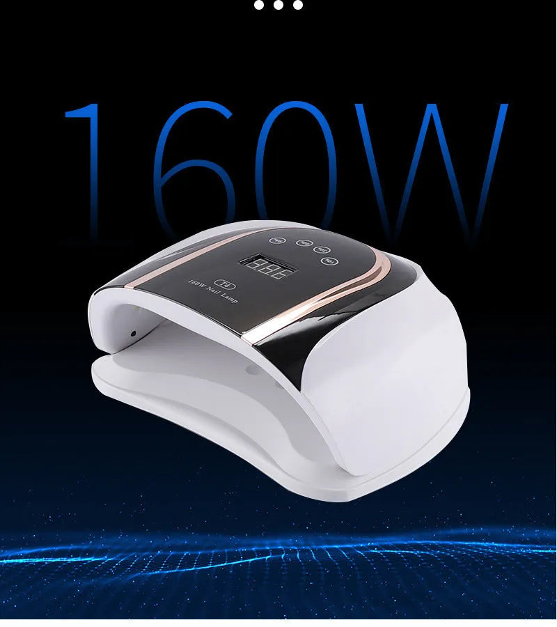 160W touch screen nail lamp with 459 dual light source beads in pink, showing touch panel and removable bottom plate