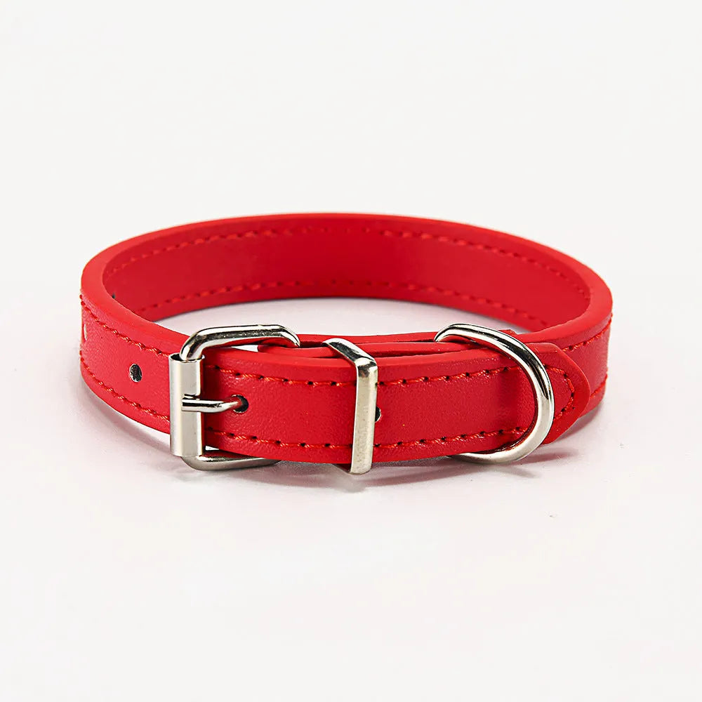 PU leather dog collar in Coffee colour, S size 1.0x30cm, with metal buckle on white background