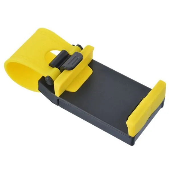 Black universal steering wheel phone clip holder mounted with a smartphone displaying a map.