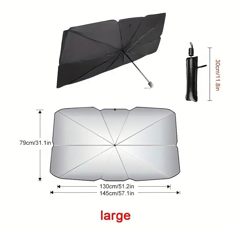 Foldable car windshield sunshade umbrella shown open against vehicle glass