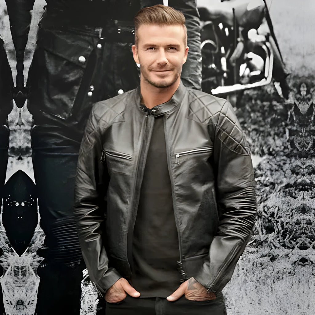 Men's distressed stand collar leather jacket in black with zipper placket and multi-pocket design