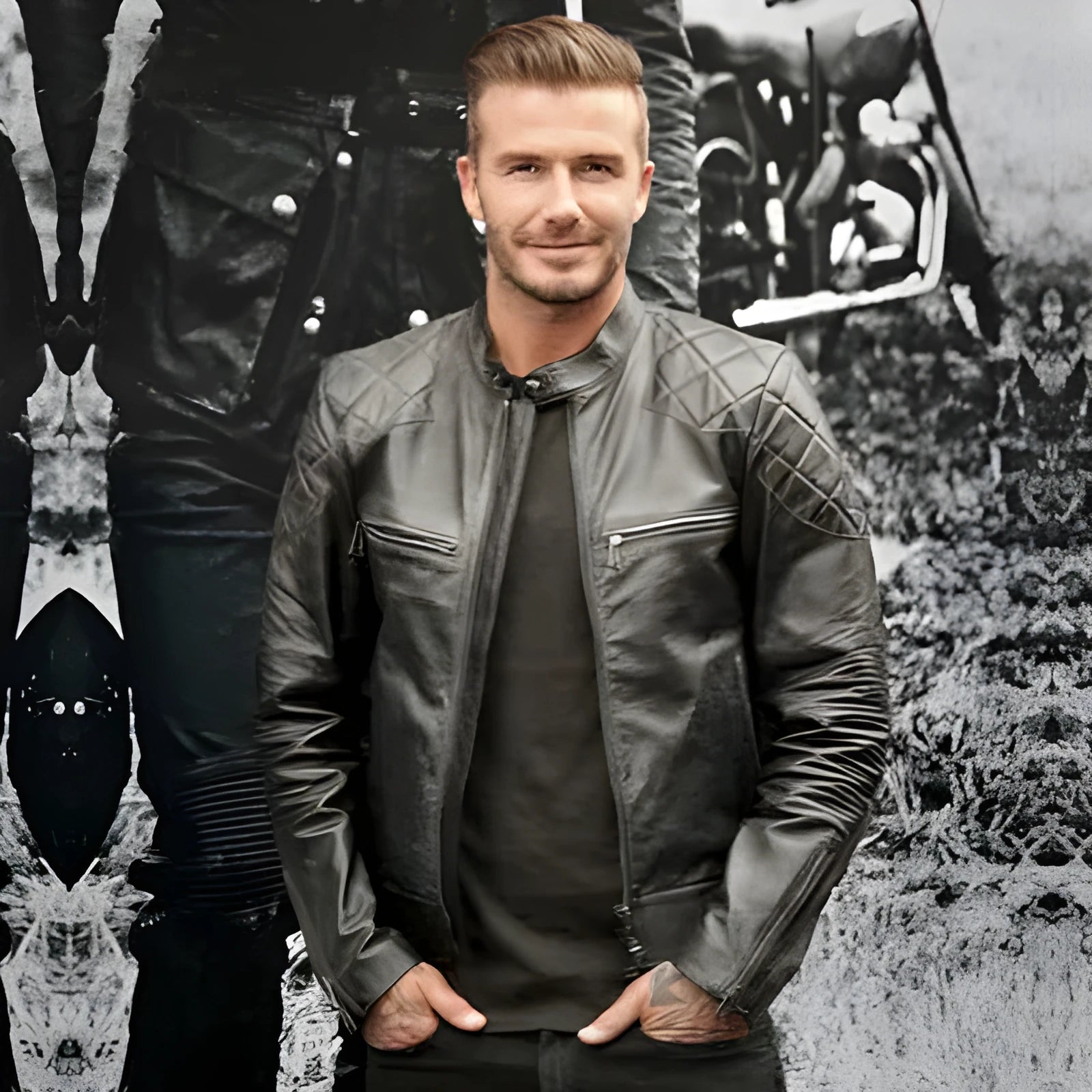 Men's distressed stand collar leather jacket in black with zipper placket and multi-pocket design