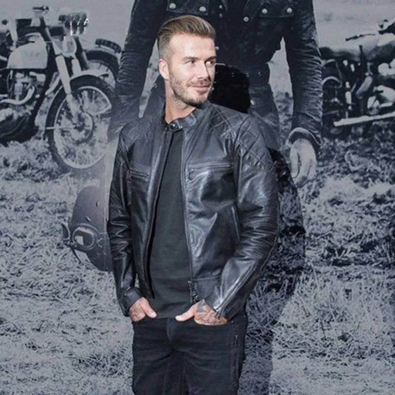 Men's distressed stand collar leather jacket in black with zipper placket and multi-pocket design