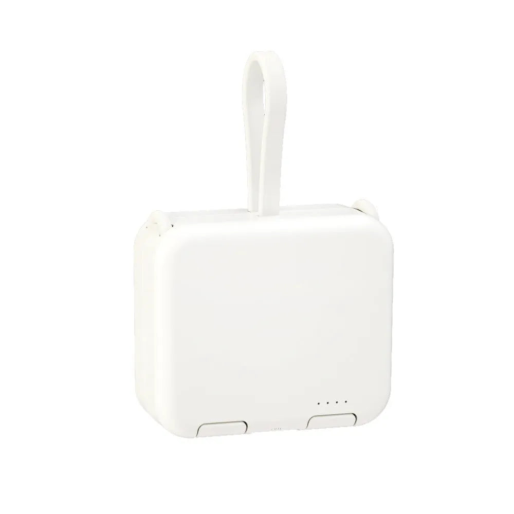 Handbag clip power bank in blue, green, red, or white showing phone stand function and charging ports