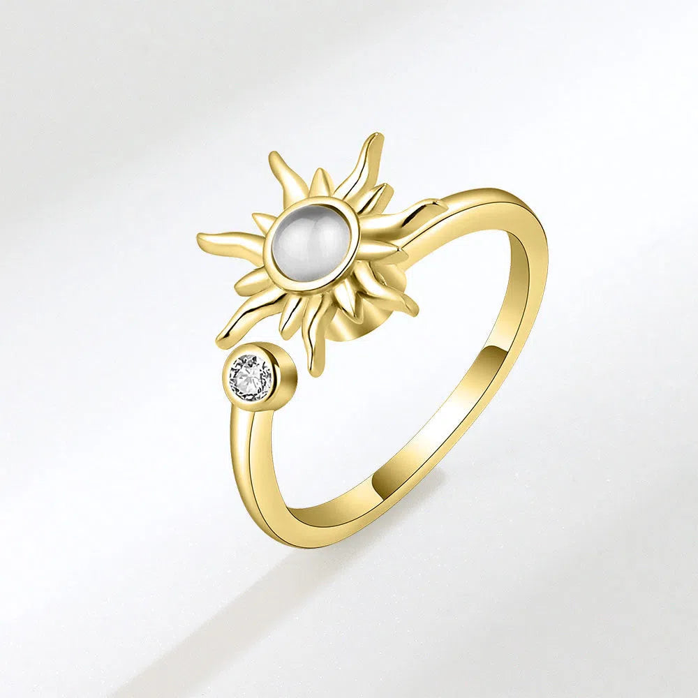 Rotating sunflower relief ring with adjustable copper band and zircon inlay
