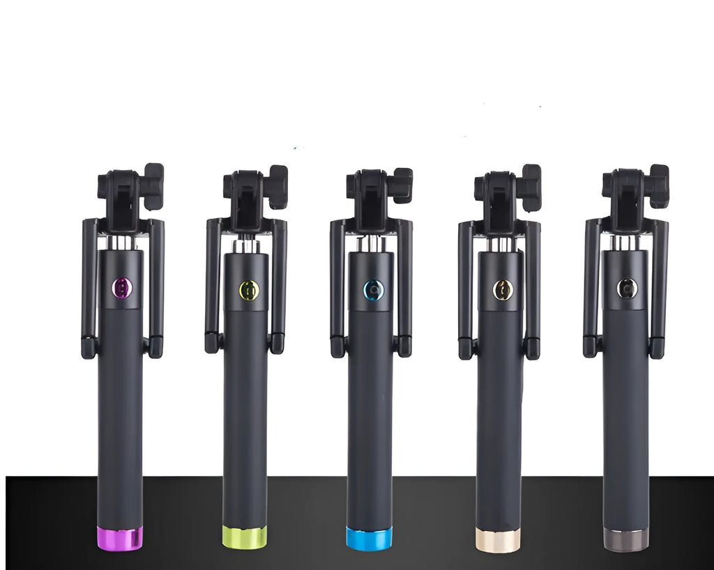 Extended aluminium telescopic self-timer rod with phone mount and line-control shutter release.