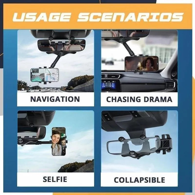Black rearview mirror car phone holder with rotating head and four gripping claws extended.