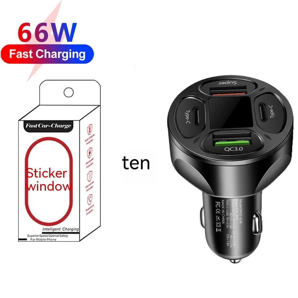 66W black digital display car charger with two USB and two Type-C ports for fast charging