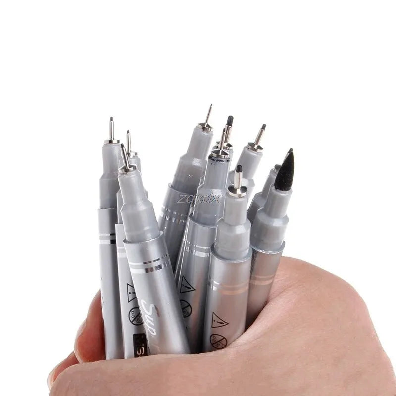 10-pen set of micron needle drawing pens with black pigment ink and assorted colours, showing tip sizes 005 to 20
