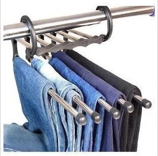 Black stainless steel five-boom trouser hanger showing level and vertical hanging options.