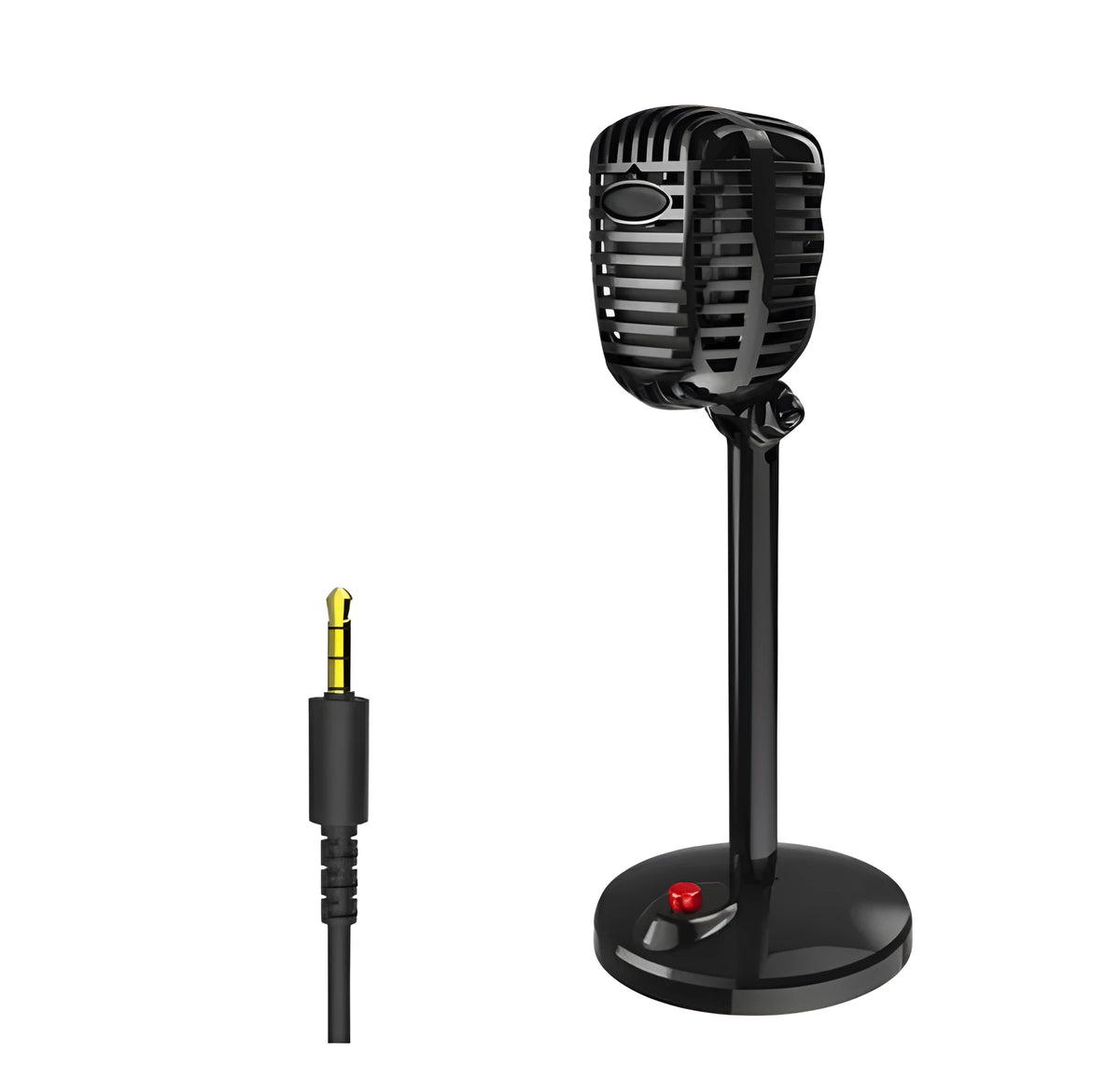 Black USB condenser microphone with stand, adjustable neck, and foam windscreen, placed on a desk