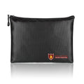 Black fire-proof contract document storage bag shown in small, medium, and large sizes.