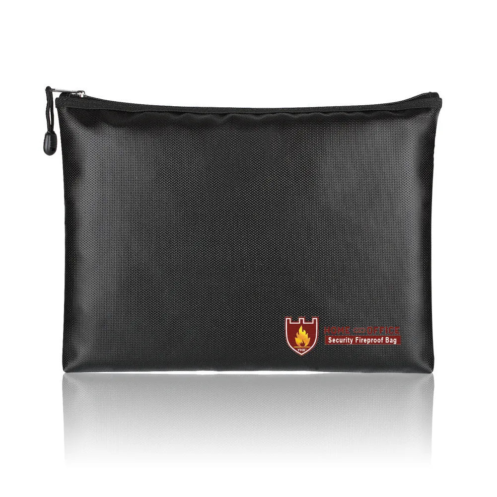 Black fire-proof contract document storage bag shown in small, medium, and large sizes.