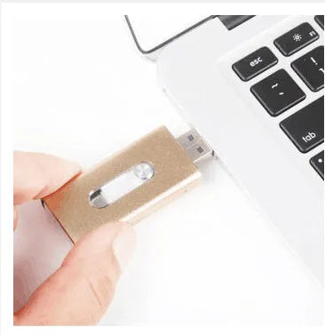 USB flash drive for iPhone in black with Lightning and USB connectors, compact portable design