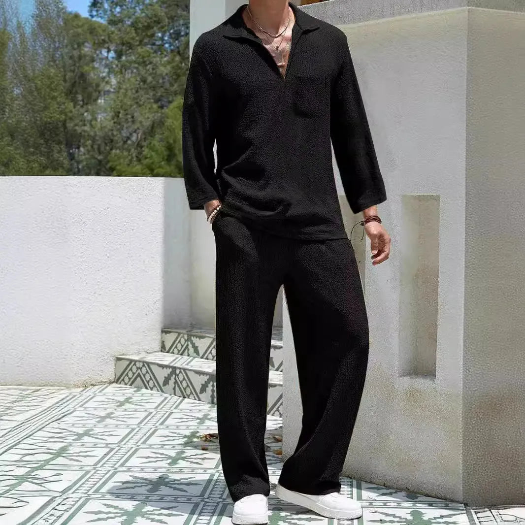 Men's casual commuter shirt trousers suit in polyester fabric available in four colours with Asian sizing