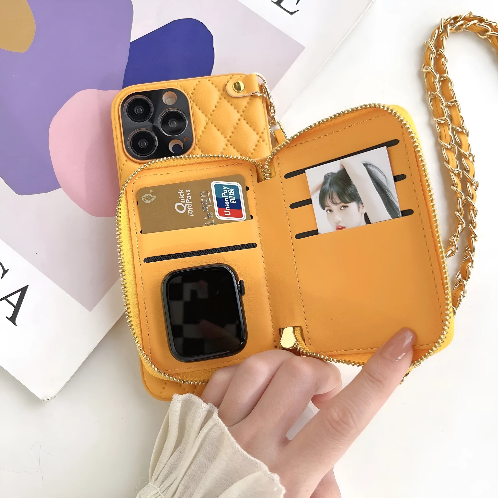 Lambskin phone case with rhombic pattern, card holder, and chain in white for Apple iPhone