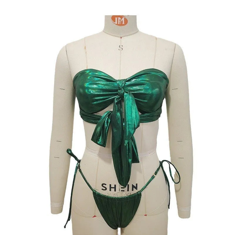 Women's floral print lace-up swimsuit with wireless cup and briefs style bottom.