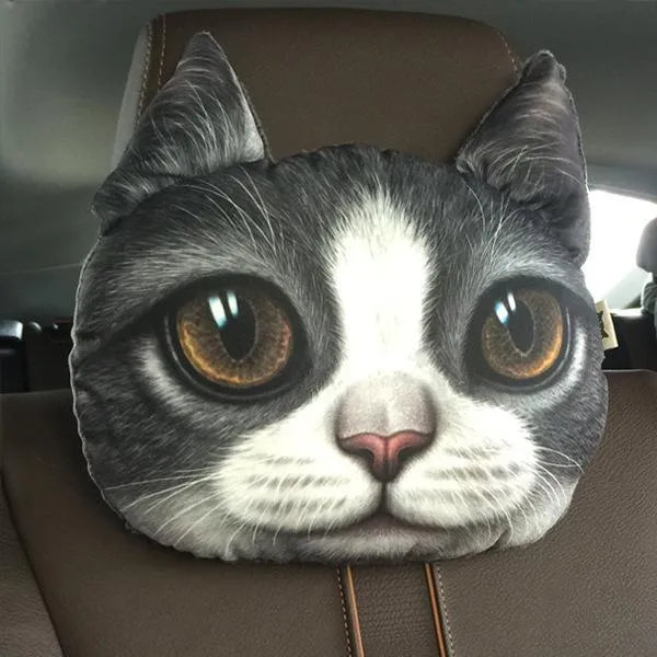 Cat lovers oblong car headrest pillow with cartoon cat print and removable cover for seat support