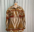 Women's loose-fit retro jacket with Aztec print in army green, made from woolen fabric with long sleeves.